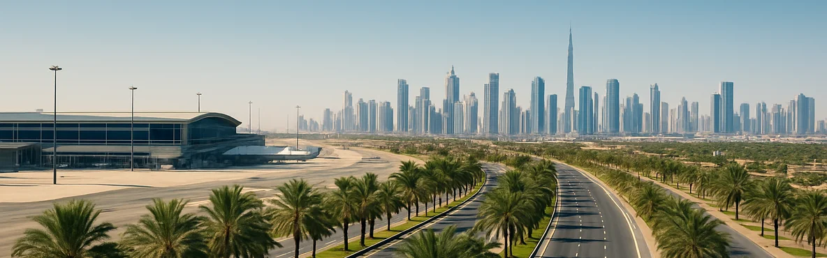 A palm-lined airport approach leads toward Sharjah’s distant skyline.